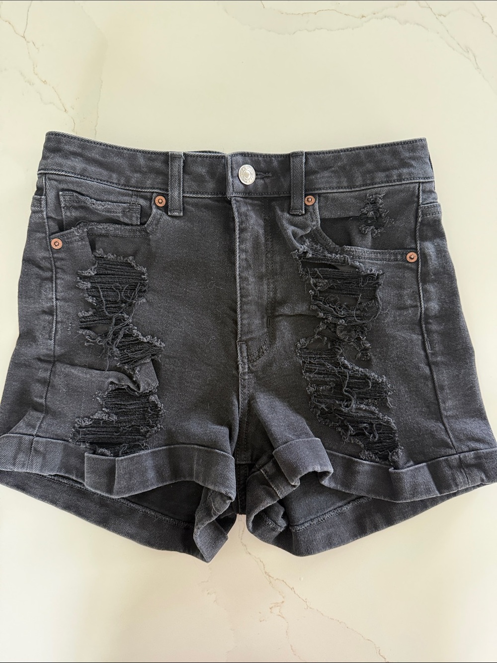 American Eagle Outfitters Black Distressed High-Rise Denim Shorts